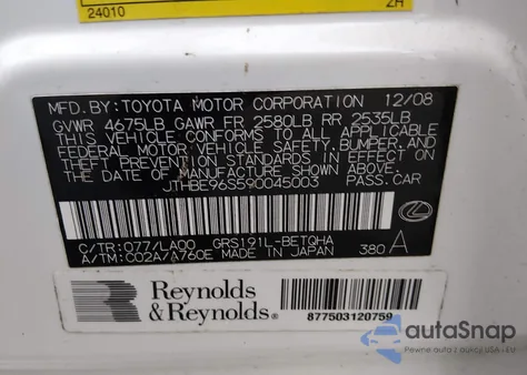 2009 Lexus Gs 350 z USA, uszkodzony, nr VIN JTHBE96S590045003